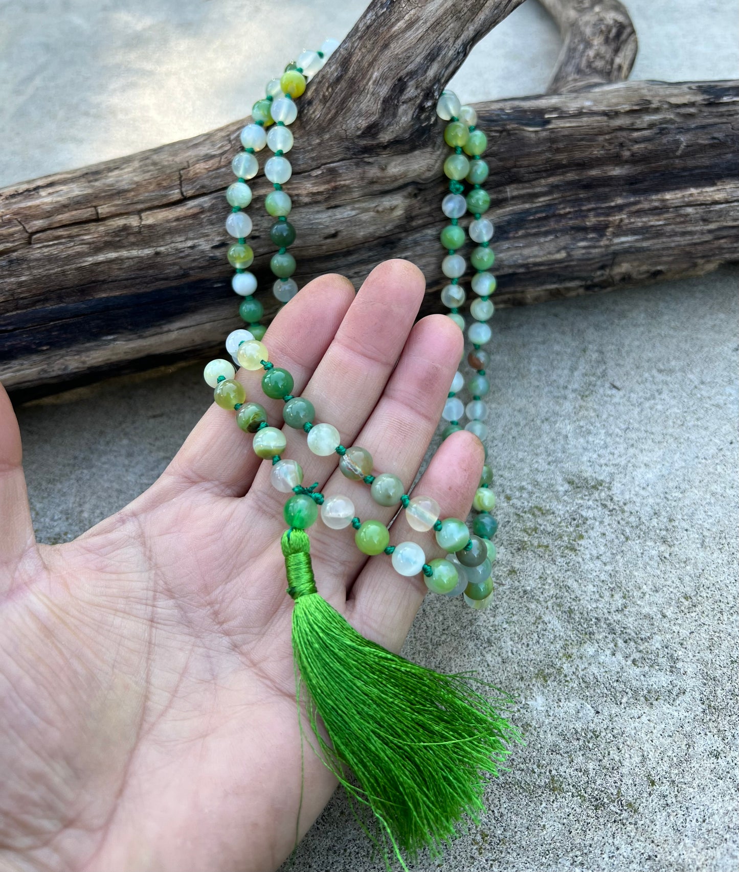 108 Beads Hand-Knotted Green Agate Stone Mala Rosary | Natural Gemstone Meditation Necklace | Healing, Balance, and Chakra Alignment Mala