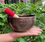 Hand Hammered Tibetan Full Moon Singing Bowl 6" – Nepalese Meditation Bowl with D Note 315 Hz, Cushion & Mallet for Sacral Chakra Healing - DharmaObjects