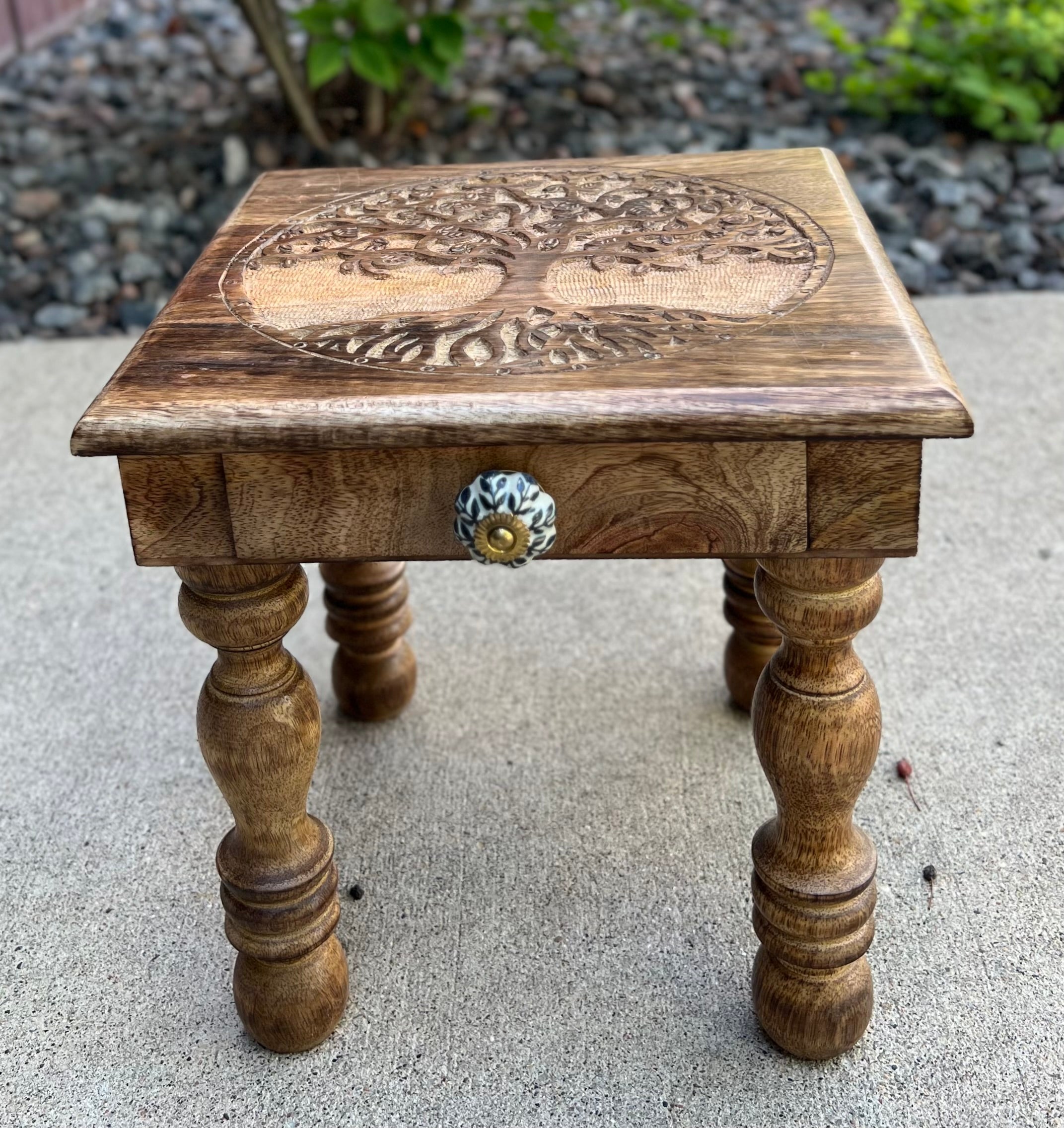 Solid Mango Wood Hand Carved Puja Shrine Altar Meditation Table Tree Of Life - DharmaObjects