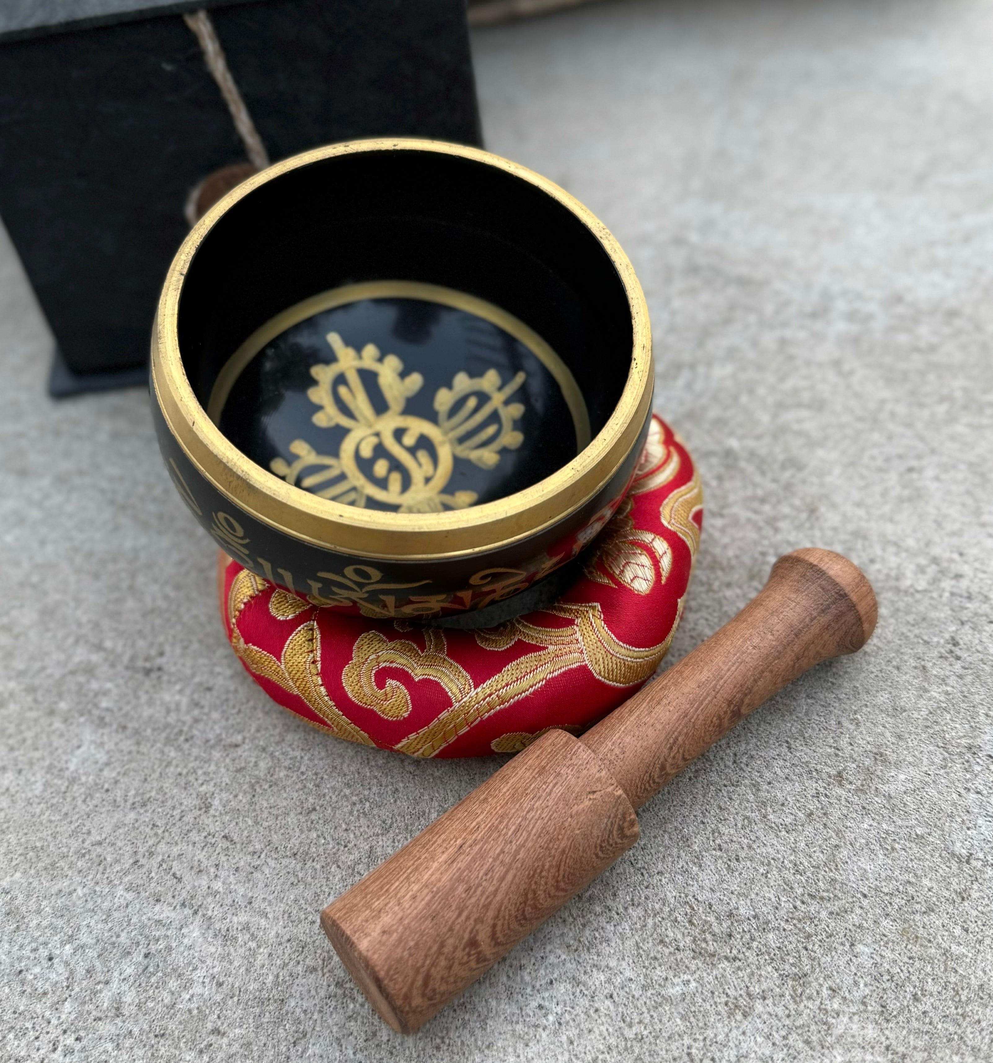 Tibetan Complete Singing Bowl Gift Box Set with OM Mani Padme Hum Etched Bowl - DharmaObjects