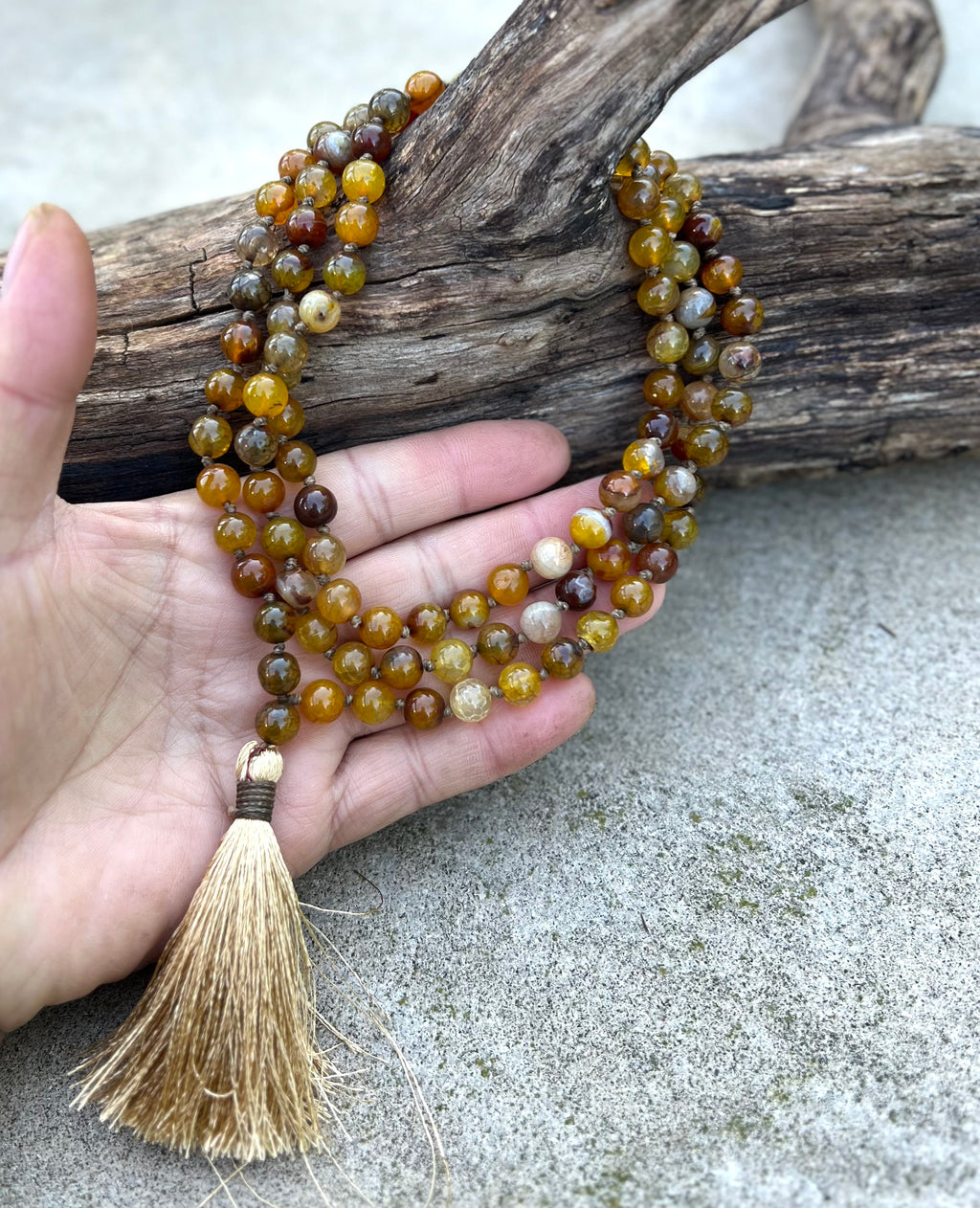 Brown Agate Mala 108 Beads – Hand Knotted Gemstone Meditation Prayer Necklac