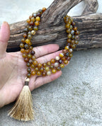 Brown Agate Mala 108 Beads – Hand Knotted Gemstone Meditation Prayer Necklac