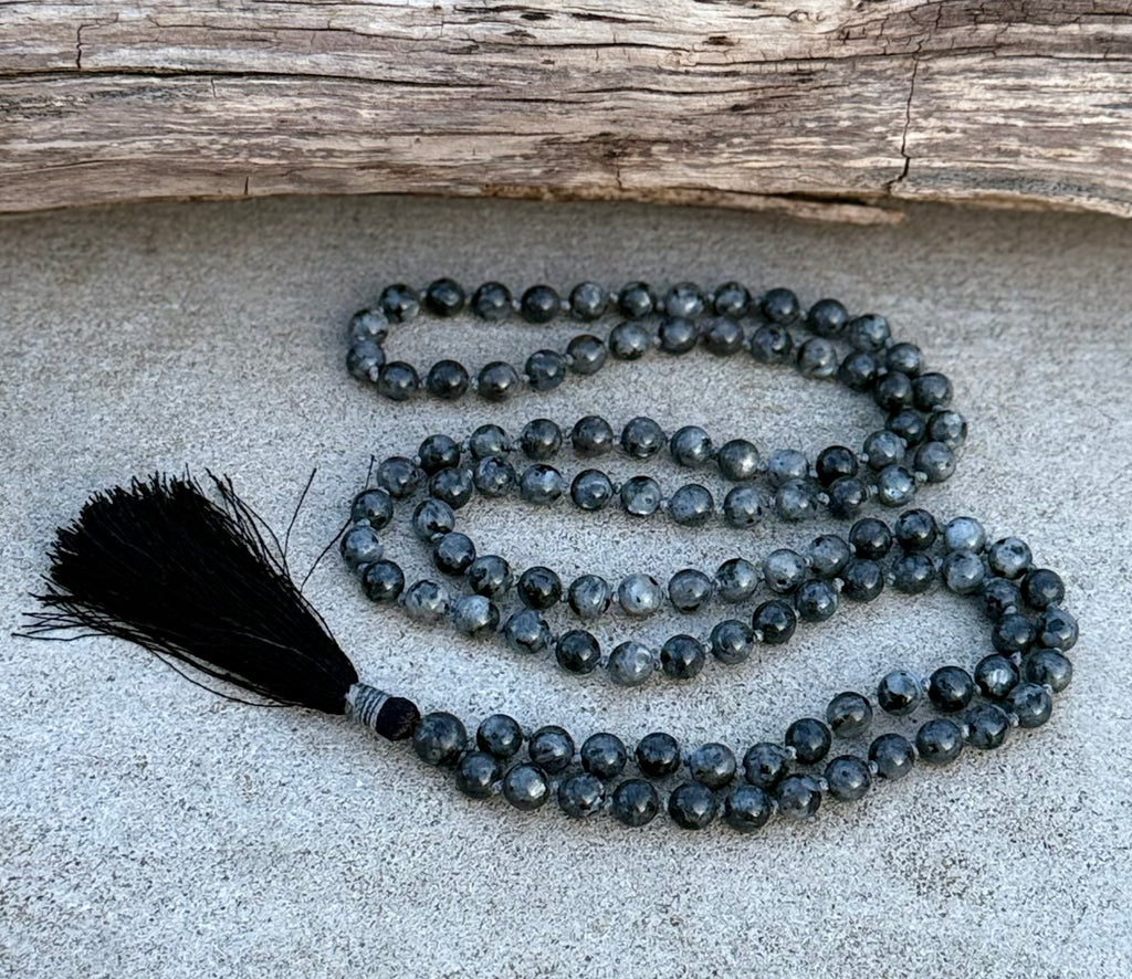 Larvikite Mala 108 Beads – Hand Knotted Gemstone Meditation Prayer Necklace