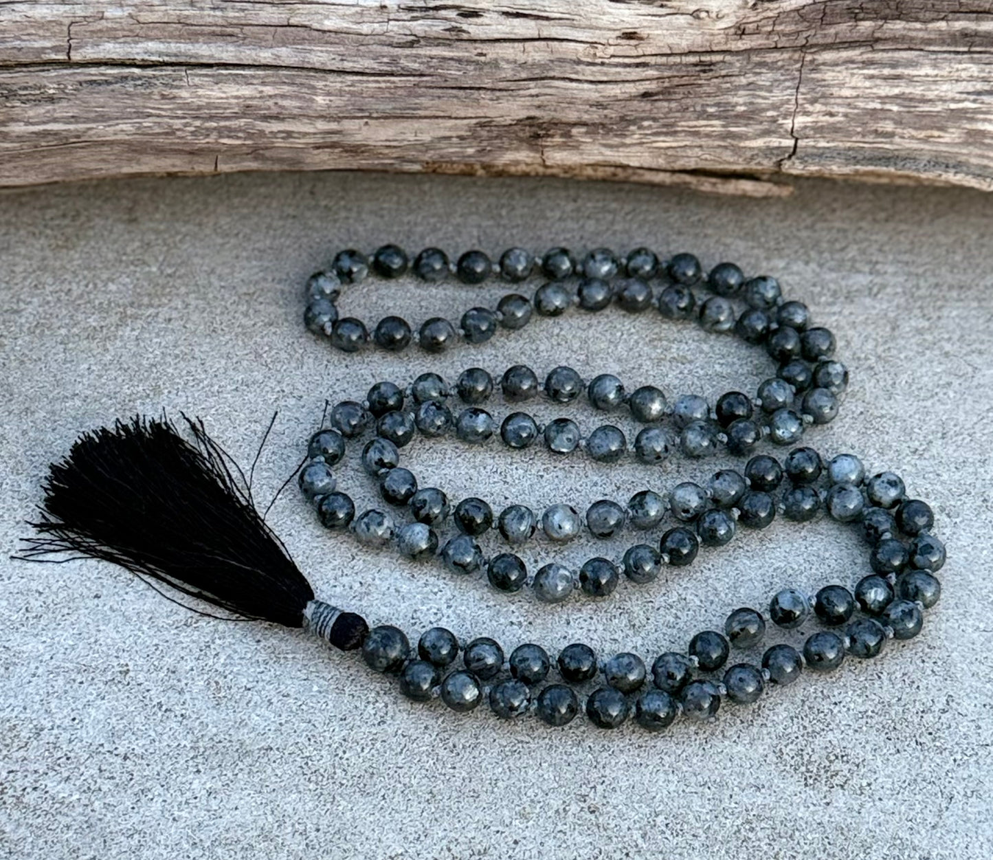 Natural Larvikite Hand Knotted Mala, Rosary 108 Beads, Japa Mala, Meditation Mala, Mala Necklace, Free Silk Pouch