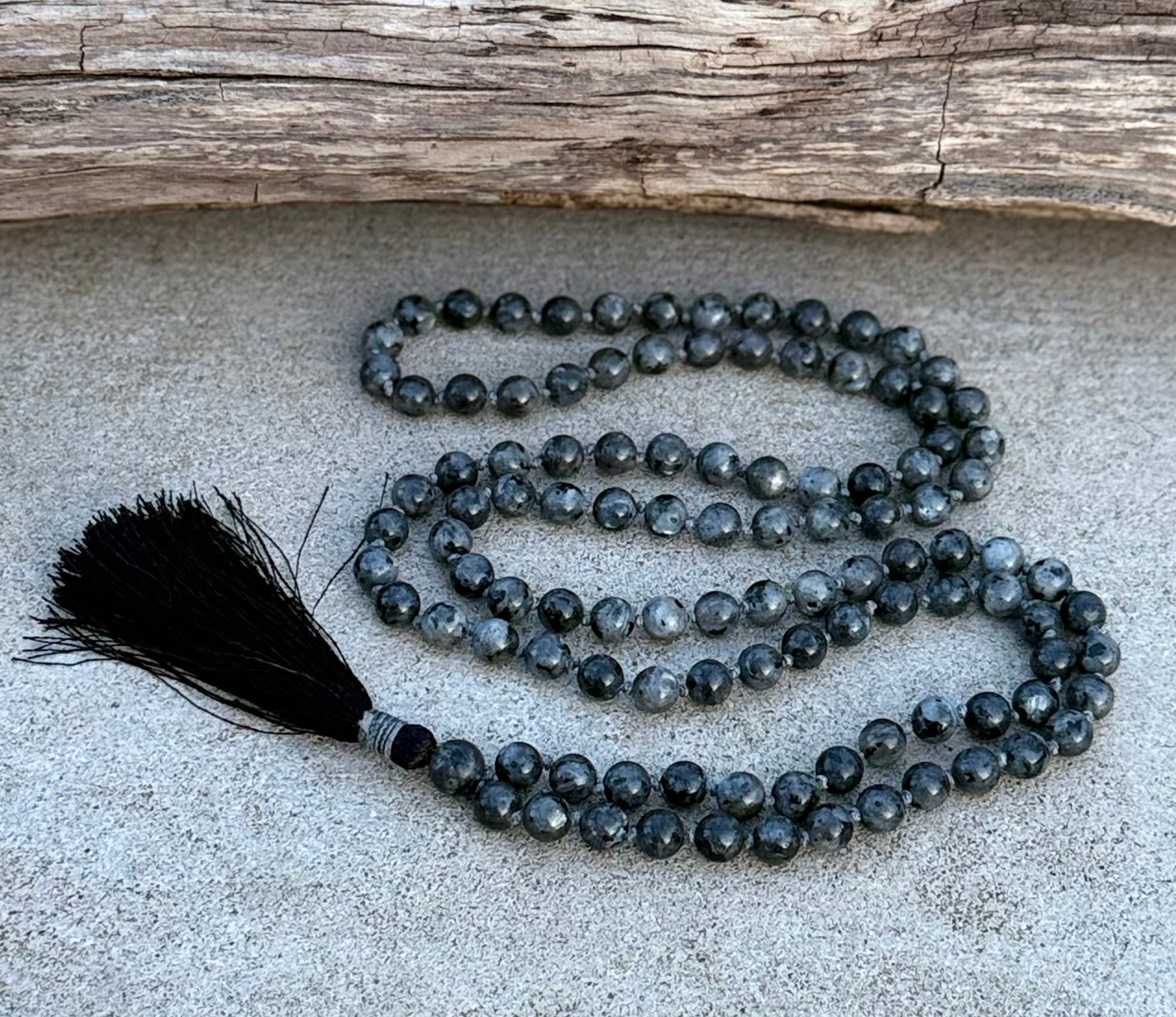 Larvikite Mala 108 Beads – Hand Knotted Gemstone Meditation Prayer Necklace