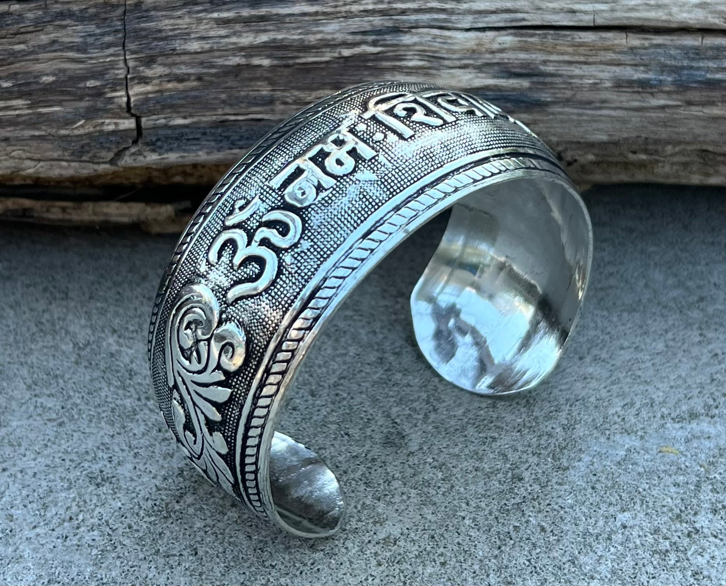 Hindu Mantra Om Namah Shivaya Silver Cuff Bracelet | Handcrafted Spiritual Jewelry