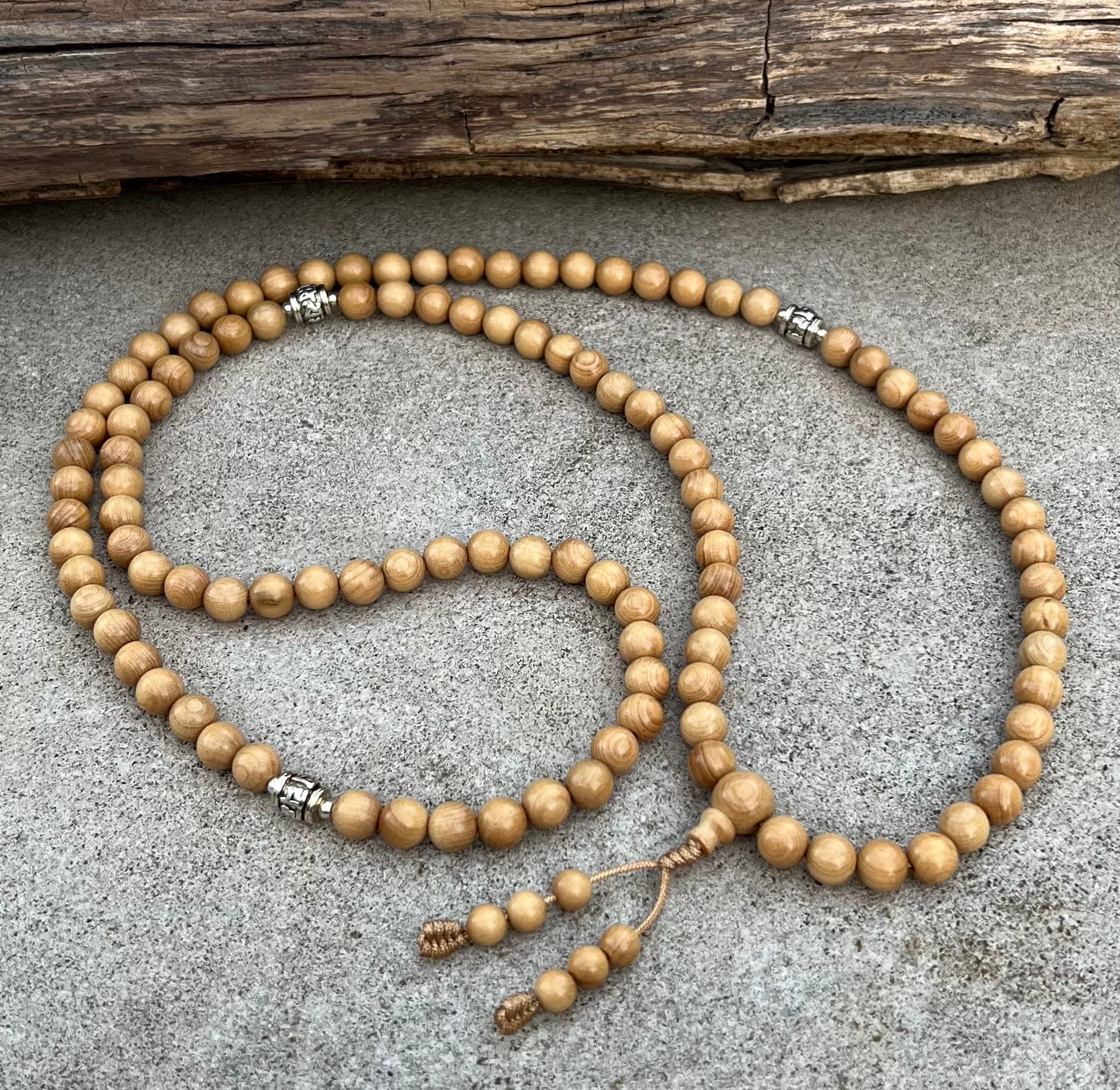 Kadam Wood Mala 108 Beads Tibetan Buddhist Prayer Necklace | 3 Silver Engraved Om Mani Padme Hum Spacers | Meditation, Compassion Mantra, Yoga & Mindfulness Mala - DharmaObjects