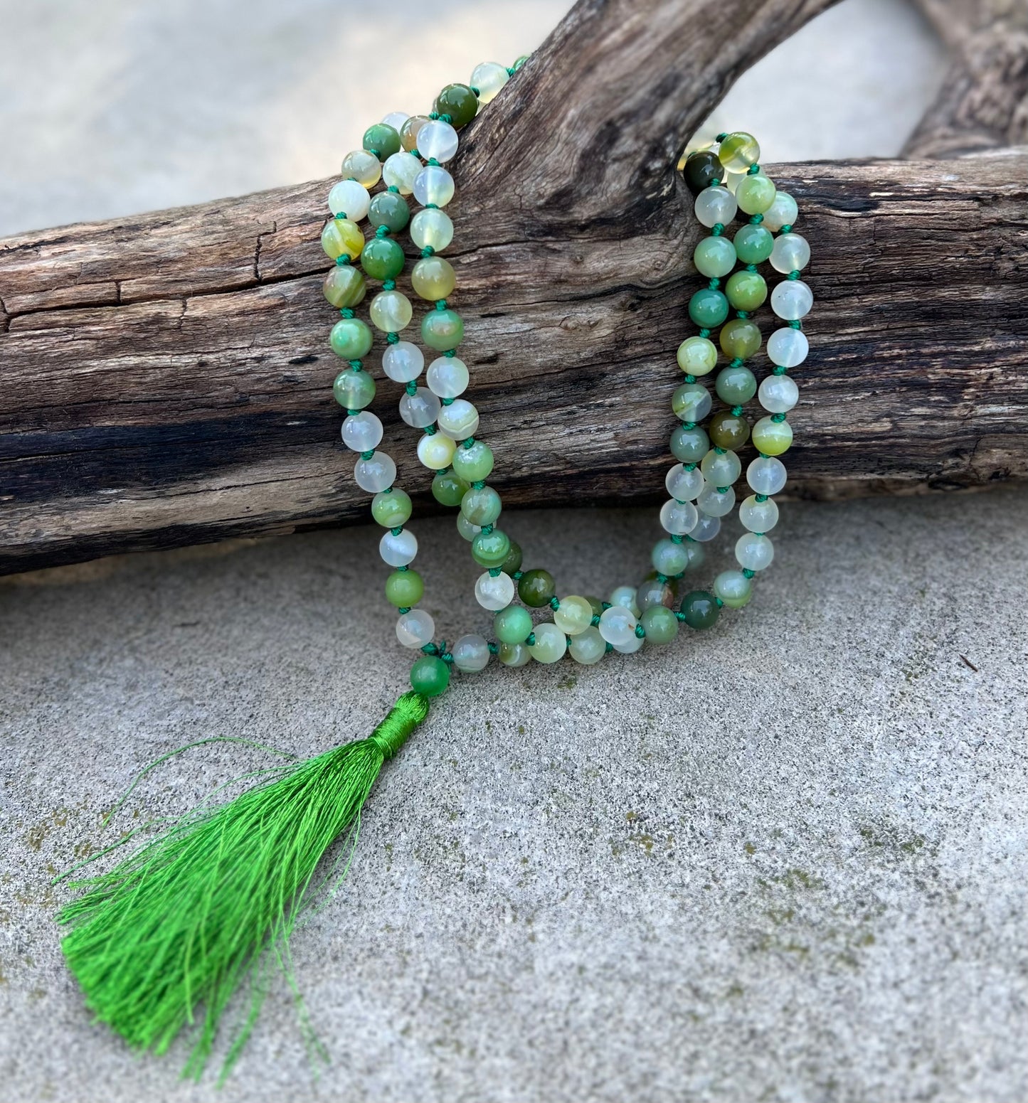 108 Beads Hand-Knotted Green Agate Stone Mala Rosary | Natural Gemstone Meditation Necklace | Healing, Balance, and Chakra Alignment Mala