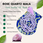 Rose Quartz Mala 108 Beads – Hand Knotted Gemstone Meditation Prayer Necklace