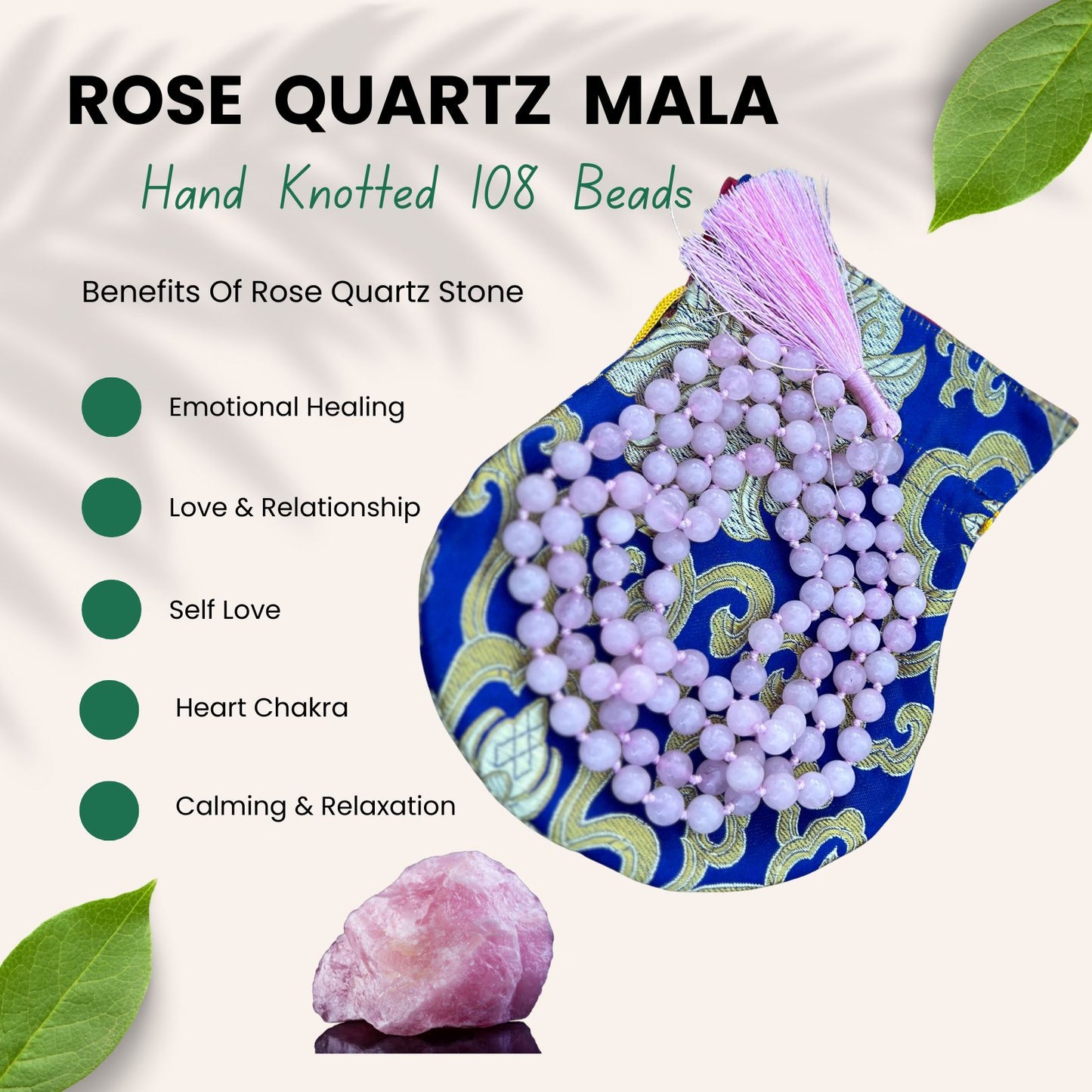 Rose Quartz Hand Knotted Mala, Rosary 108 Beads, Japa Mala, Meditation Mala, Mala Necklace, Free Silk Pouch