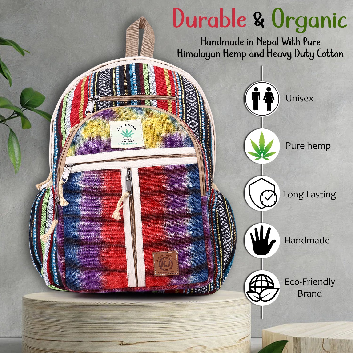 KayJayStyles Natural Handmade Large Multi Pocket Hemp Nepal Backpack (BKPK5) - DharmaObjects