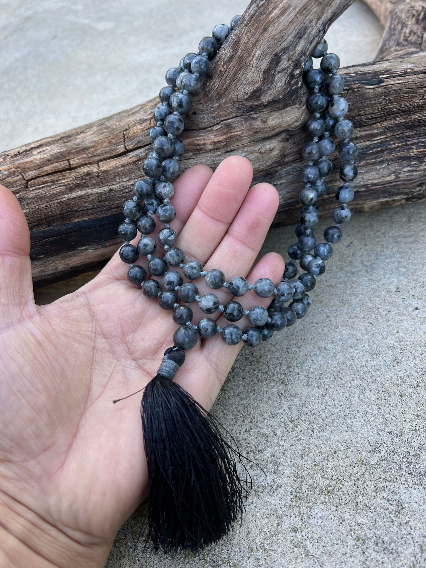 Natural Larvikite Hand Knotted Mala, Rosary 108 Beads, Japa Mala, Meditation Mala, Mala Necklace, Free Silk Pouch