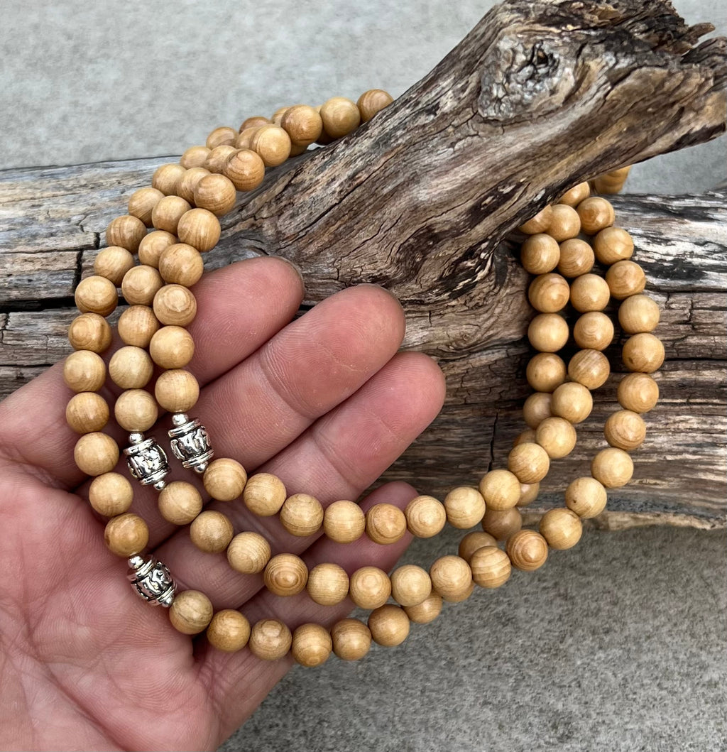 Kadam Wood Mala 108 Beads Tibetan Buddhist Prayer Necklace | 3 Silver Engraved Om Mani Padme Hum Spacers | Meditation, Compassion Mantra, Yoga & Mindfulness Mala - DharmaObjects