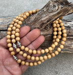 Kadam Wood Mala 108 Beads Tibetan Buddhist Prayer Necklace | 3 Silver Engraved Om Mani Padme Hum Spacers | Meditation, Compassion Mantra, Yoga & Mindfulness Mala - DharmaObjects