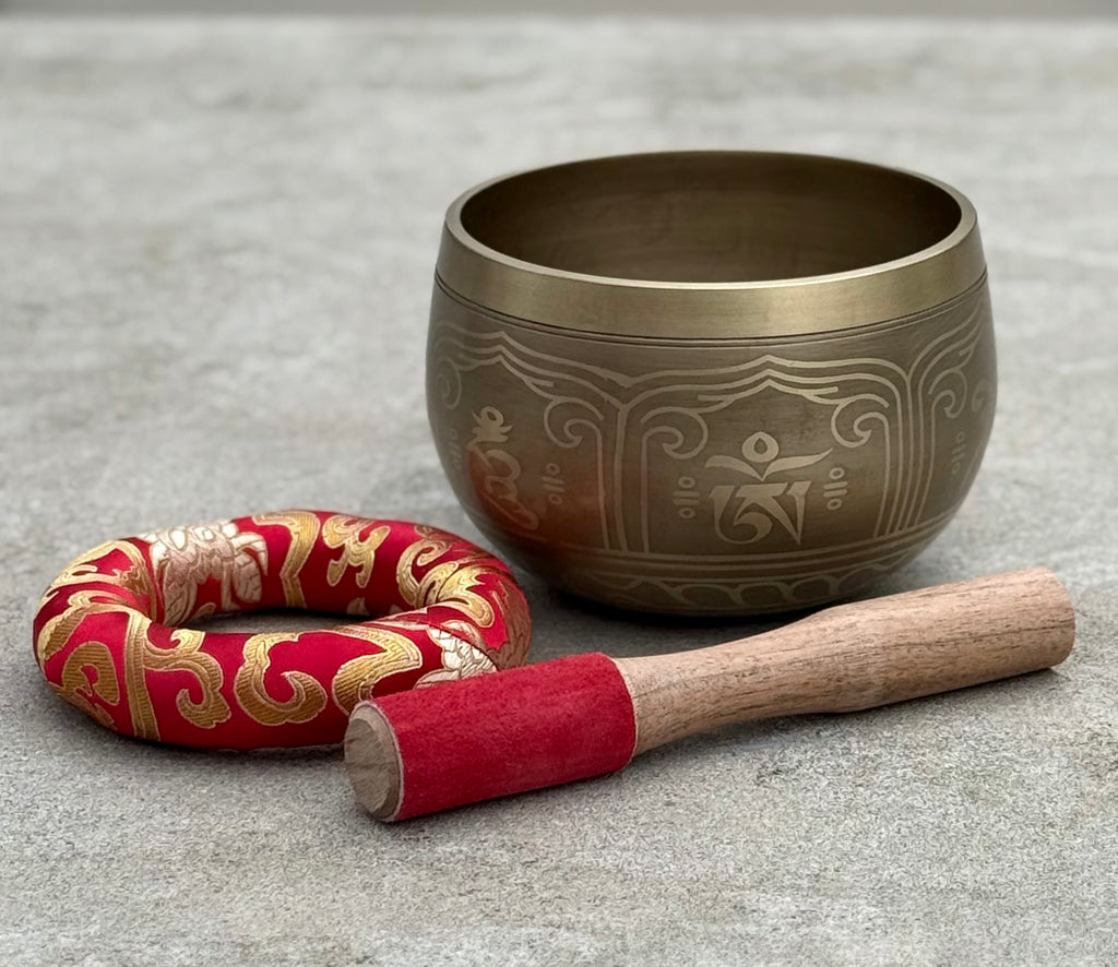Tibetan Pro Deep Meditation Singing Bowl Set – Large Om Mani Hand Hammered Bowl with Wooden Suede Mallet & Ring Cushion for Yoga, Mindfulness & Chakra Healing - DharmaObjects