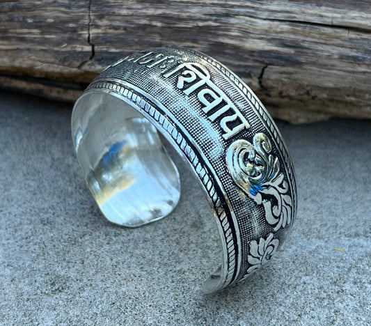 Hindu Mantra Om Namah Shivaya Silver Cuff Bracelet | Handcrafted Spiritual Jewelry