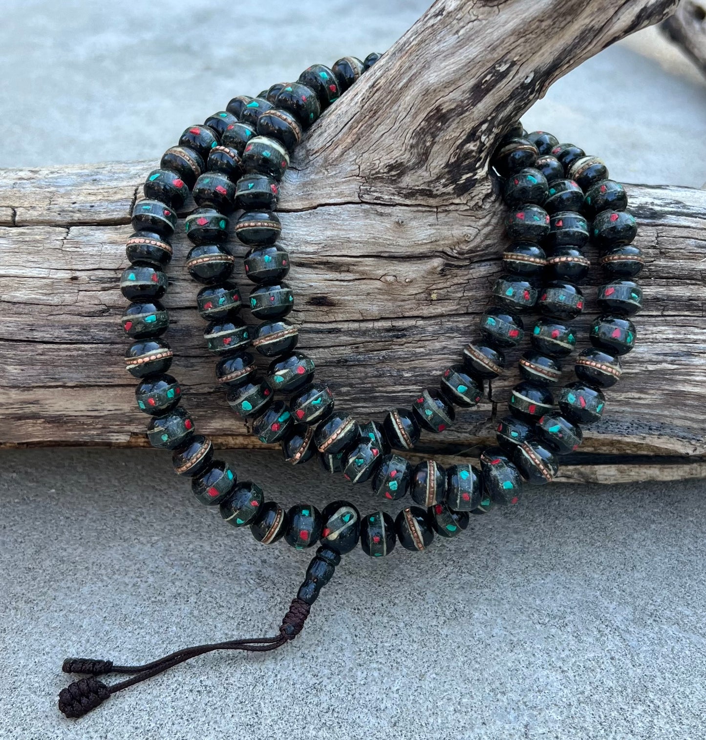 Tibetan Meditation & Yoga 108 Beads Mala Prayer Beads | Yak Bone with Turquoise and Coral Inlay | Handcrafted Spiritual Jewelry