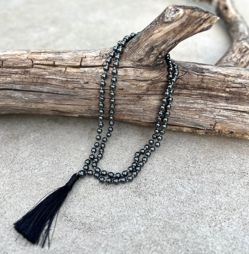 Hematite Mala 108 Beads – Hand Knotted Gemstone Meditation Prayer Necklace