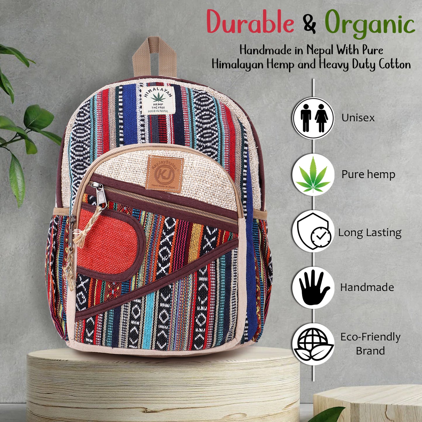 KayJayStyles Handmade Natural Hemp Nepal Backpack Purse for Women & Girls Small Lightweight Daypack