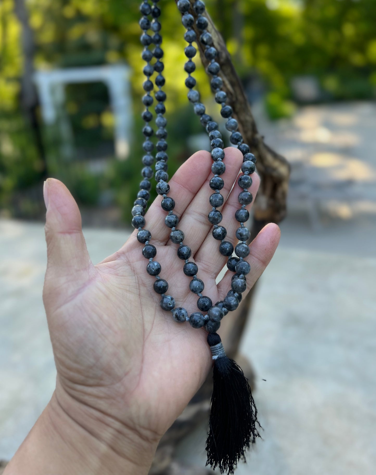 Natural Larvikite Hand Knotted Mala, Rosary 108 Beads, Japa Mala, Meditation Mala, Mala Necklace, Free Silk Pouch