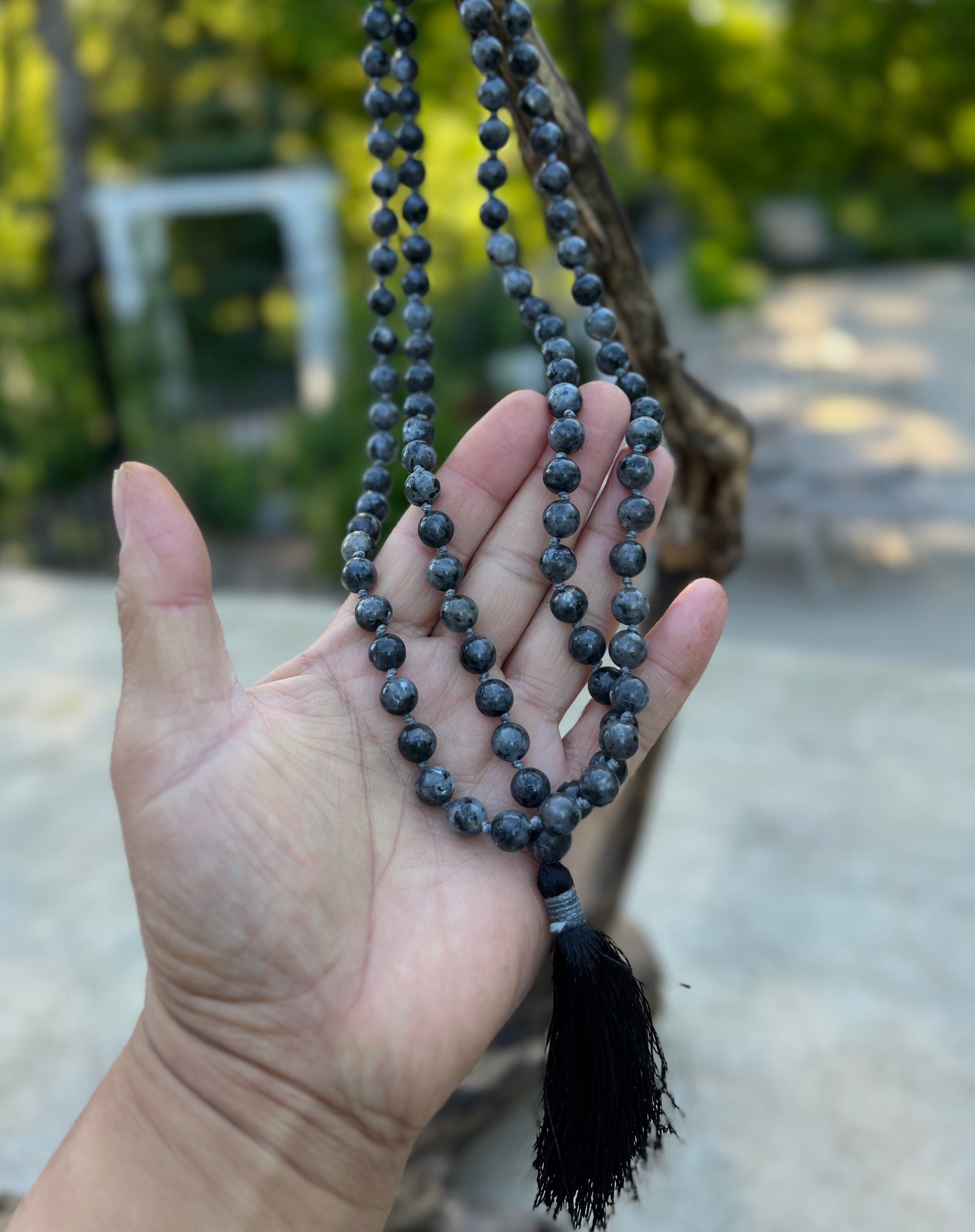 Larvikite Mala 108 Beads – Hand Knotted Gemstone Meditation Prayer Necklace