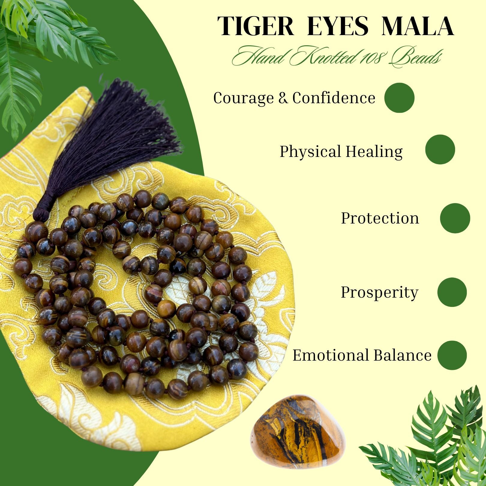 Tiger’s Eye Mala 108 Beads – Hand Knotted Gemstone Meditation Prayer Necklace