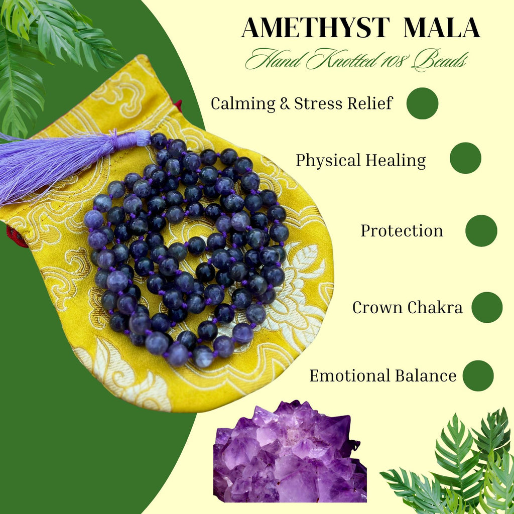 Amethyst Mala 108 Beads – Hand Knotted Gemstone Meditation Prayer Necklace
