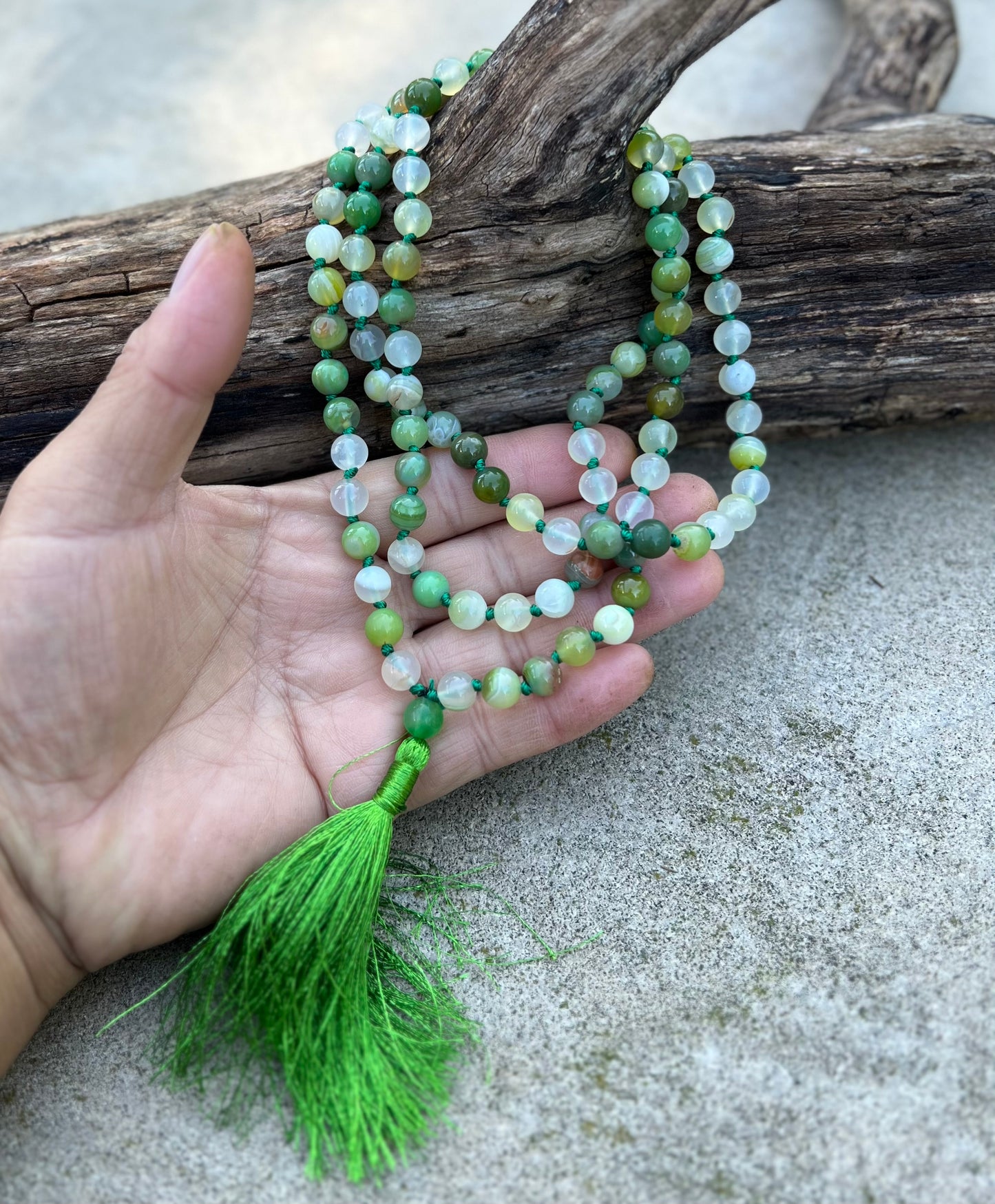 108 Beads Hand-Knotted Green Agate Stone Mala Rosary | Natural Gemstone Meditation Necklace | Healing, Balance, and Chakra Alignment Mala