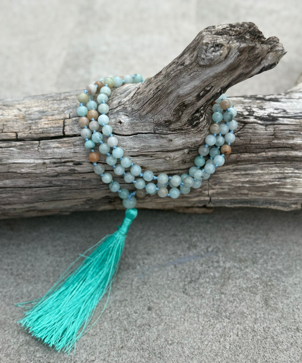 Amazonite Mala 108 Beads – Hand Knotted Gemstone Meditation Prayer Necklace