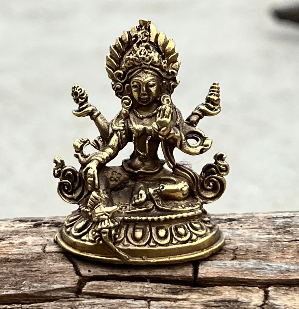 Small Brass Female Buddha Green Tara Dolma Statue - Handcrafted in Nepal - DharmaObjects
