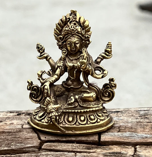 Small Brass Female Buddha Green Tara Dolma Statue - Handcrafted in Nepal