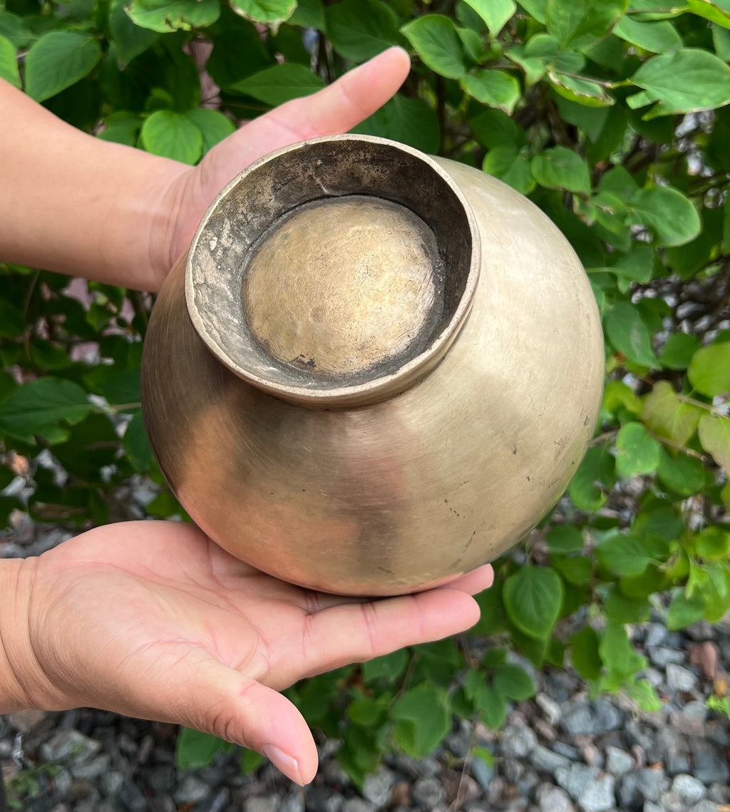 Antique Naga Pedestal Himalayan Singing Bowl 6.5" – Heart Chakra F 1449 Hz Chalice Bowl with Gong Beater & Mallet - DharmaObjects