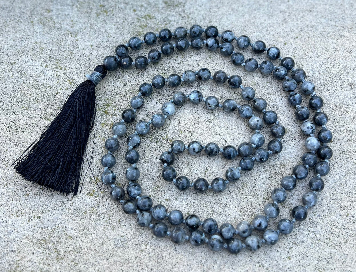 Natural Larvikite Hand Knotted Mala, Rosary 108 Beads, Japa Mala, Meditation Mala, Mala Necklace, Free Silk Pouch