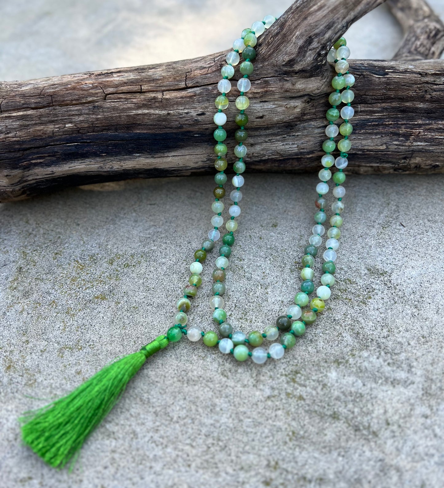 108 Beads Hand-Knotted Green Agate Stone Mala Rosary | Natural Gemstone Meditation Necklace | Healing, Balance, and Chakra Alignment Mala