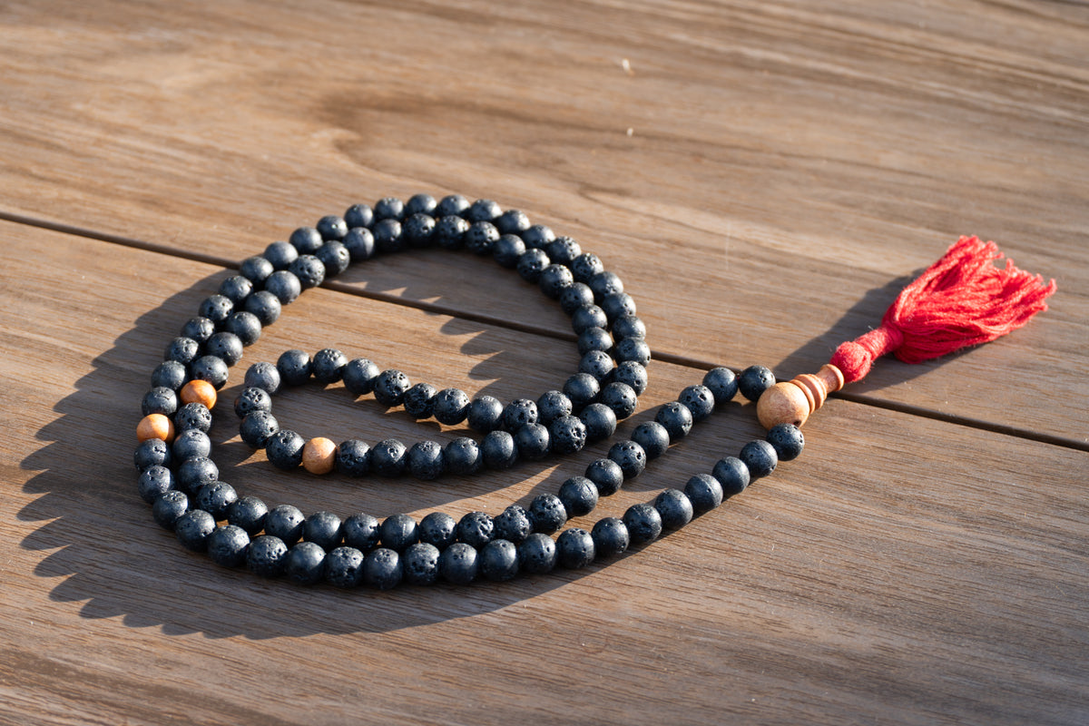 Lava Rock & Sandalwood Handmade Prayer Meditation Mala | Choice of Cotton Thread Tassel or Adjustable Tassel