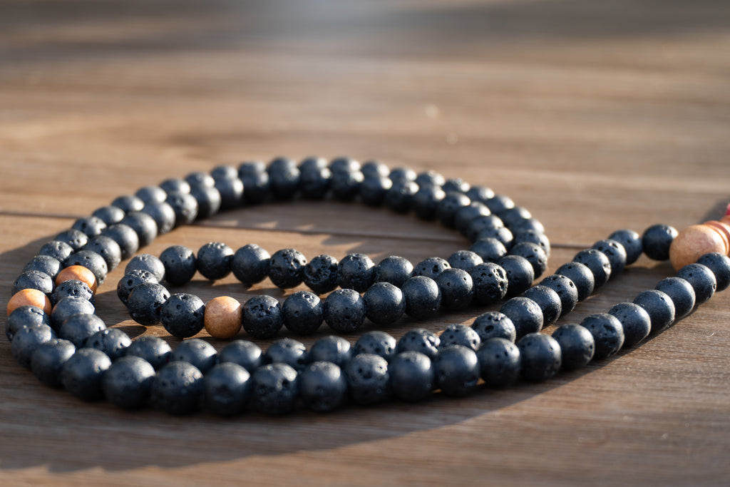 Lava Rock & Sandalwood Handmade Prayer Meditation Mala | Choice of Cotton Thread Tassel or Adjustable Tassel