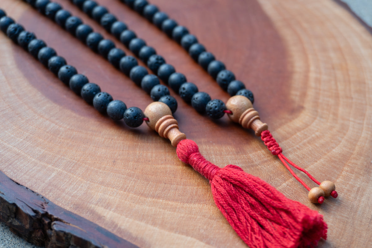Lava Rock & Sandalwood Handmade Prayer Meditation Mala | Choice of Cotton Thread Tassel or Adjustable Tassel