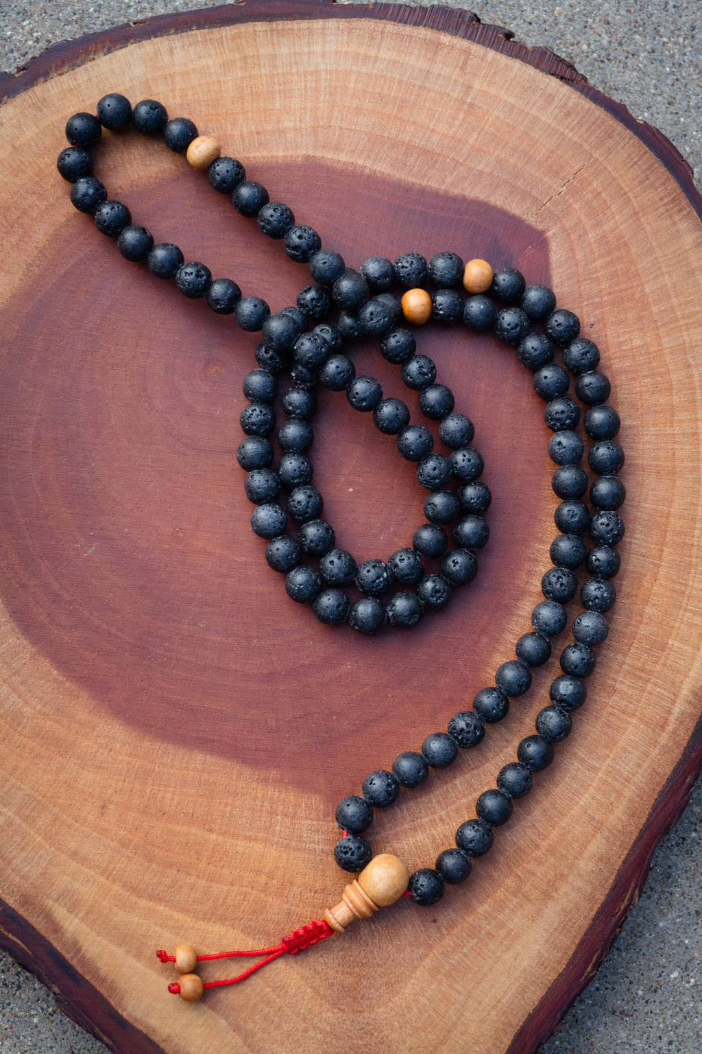 Lava Rock & Sandalwood Handmade Prayer Meditation Mala | Choice of Cotton Thread Tassel or Adjustable Tassel