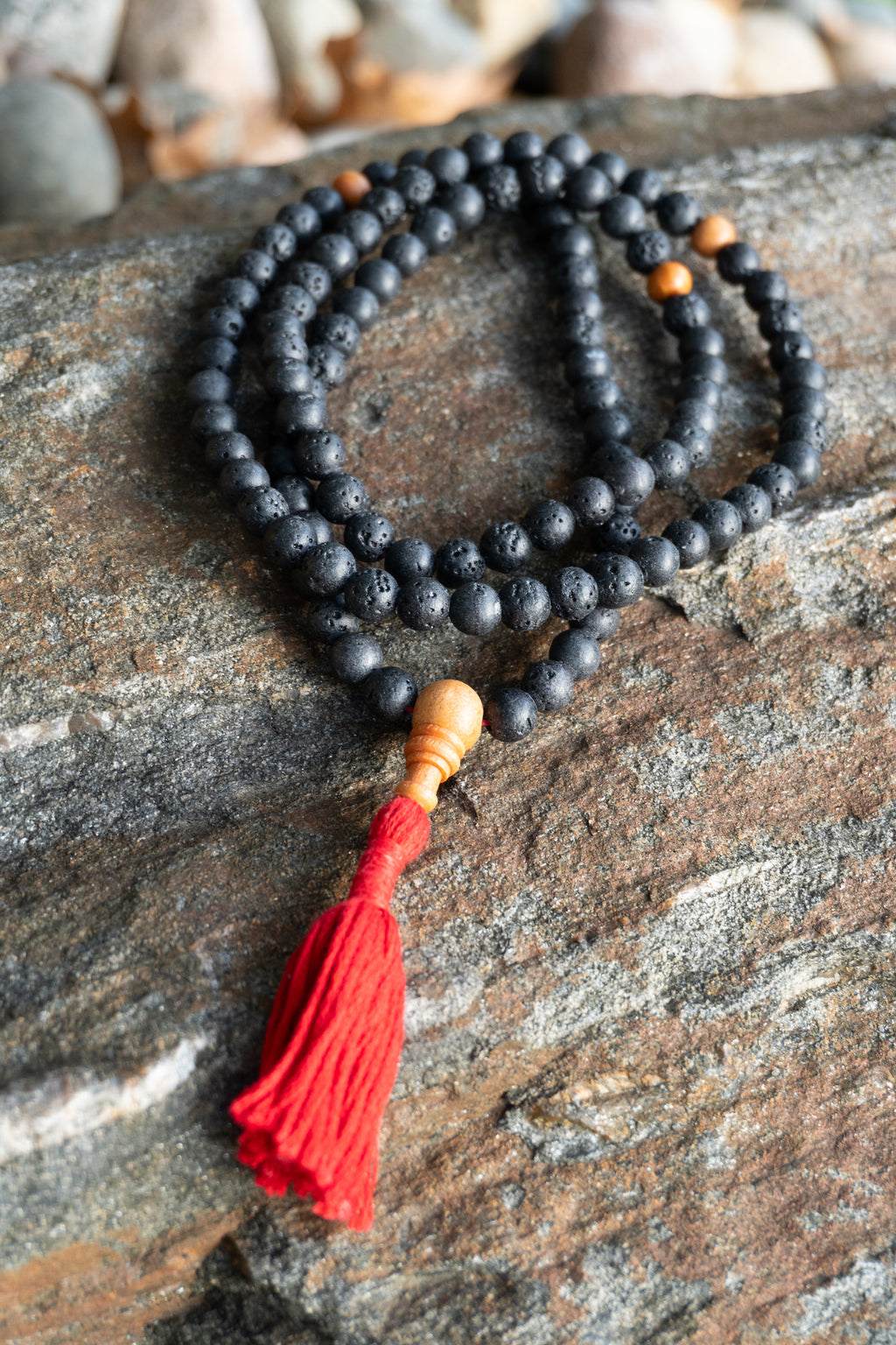 Lava Rock & Sandalwood Handmade Prayer Meditation Mala | Choice of Cotton Thread Tassel or Adjustable Tassel