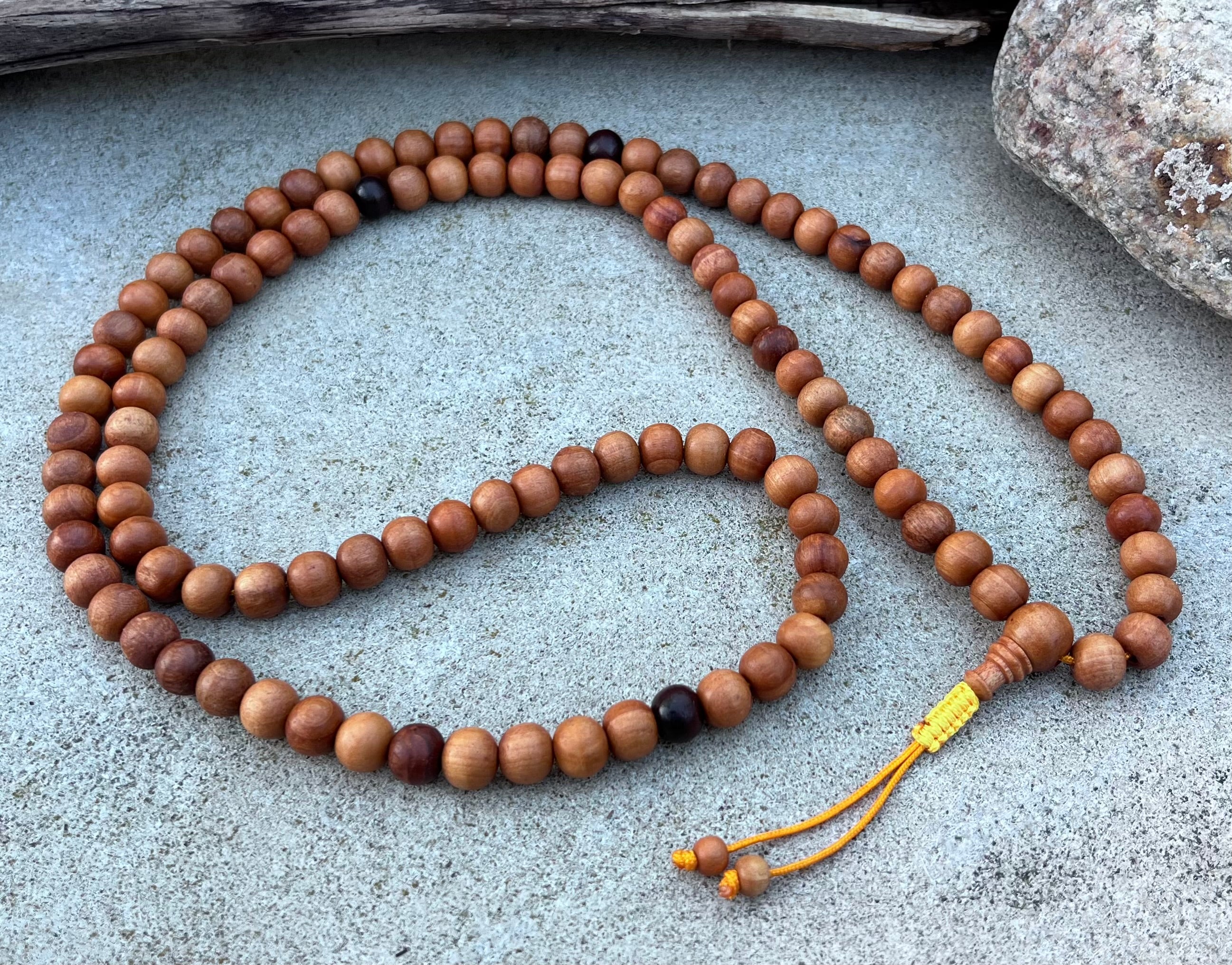 Natural Sandalwood 108 Bead Meditation Mala | Adjustable Japa Prayer Beads | Buddhist Hindu Yoga Mala | Guru Bead Necklace | Spiritual Gift - DharmaObjects