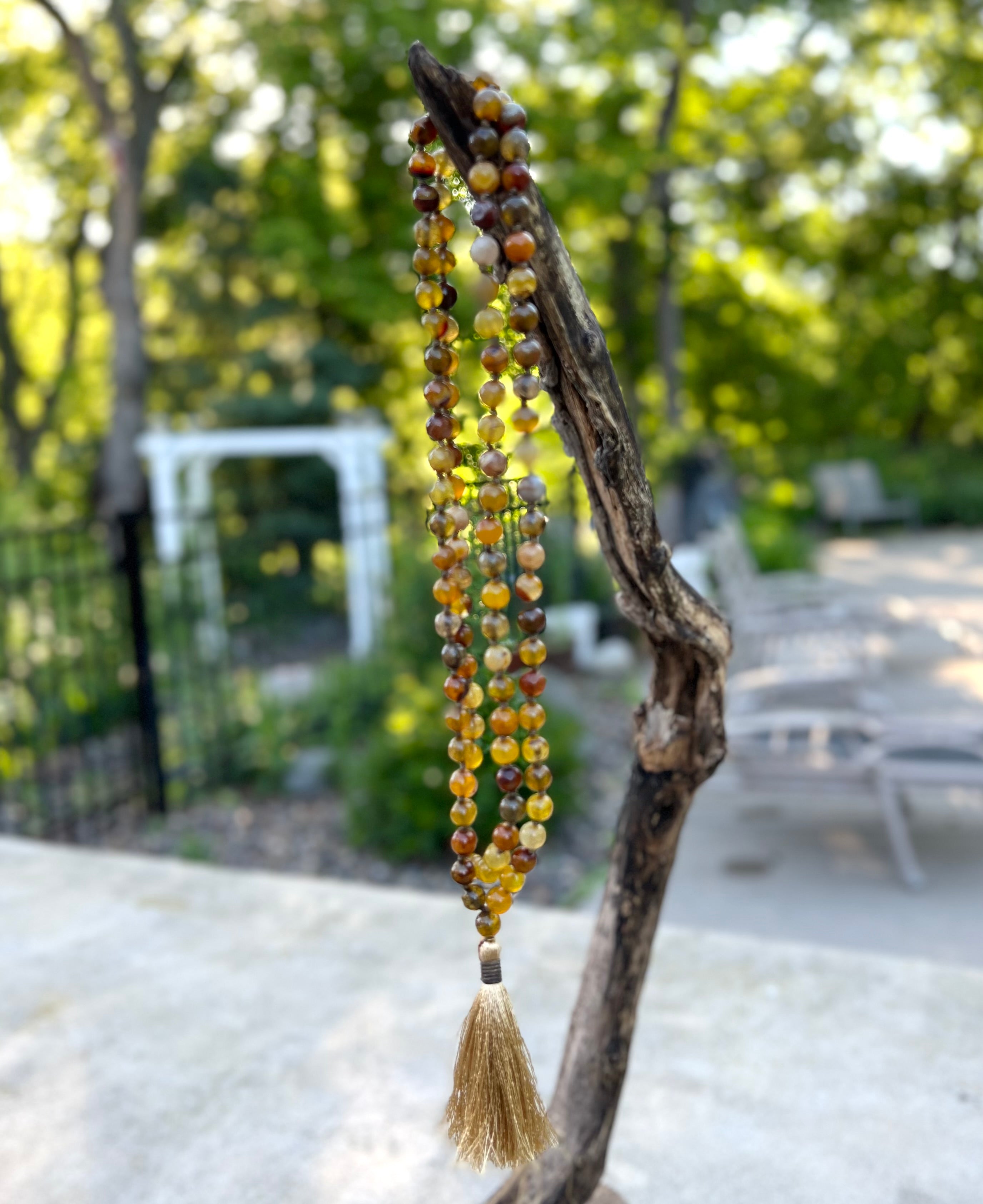 Brown Agate Mala 108 Beads – Hand Knotted Gemstone Meditation Prayer Necklac