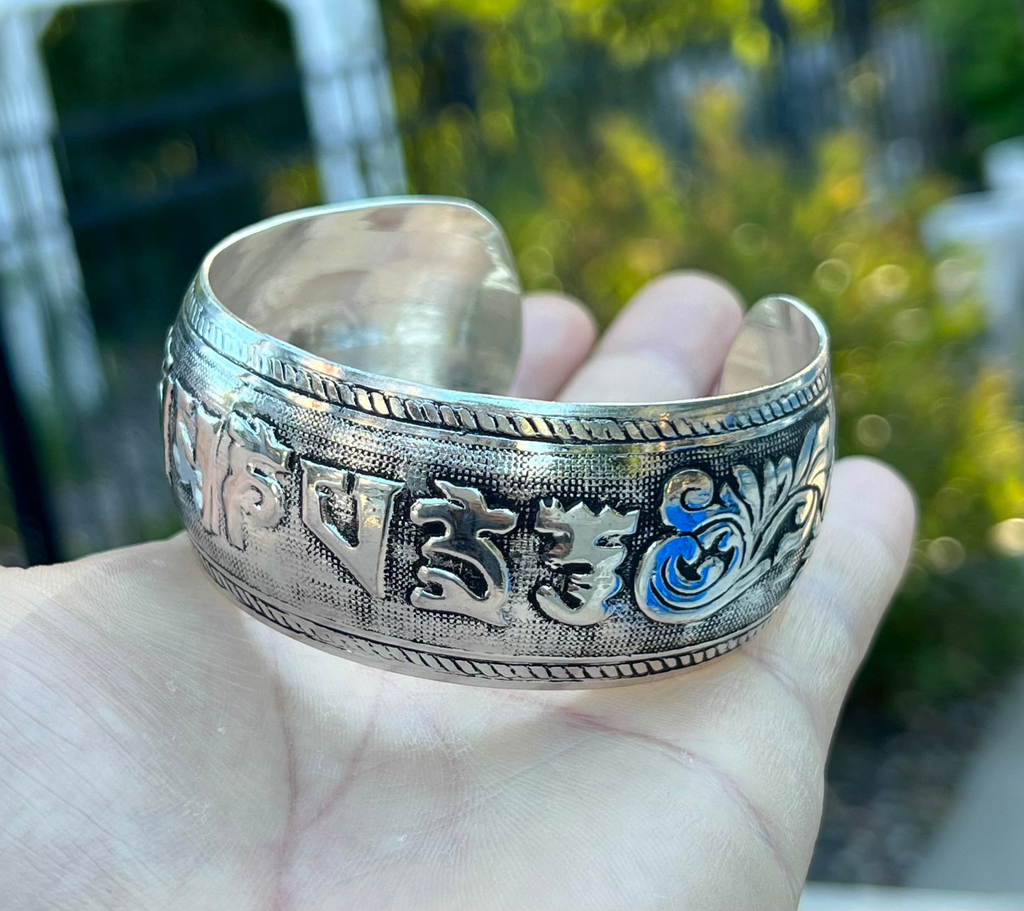 Tibetan Mantra OM Mani Padme Hum Silver Cuff Bracelet | Handcrafted Spiritual Jewelry