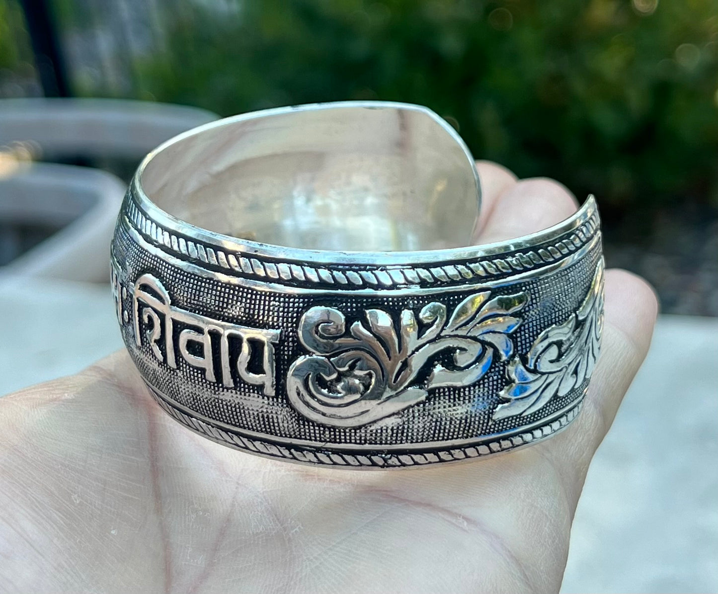 Hindu Mantra Om Namah Shivaya Silver Cuff Bracelet | Handcrafted Spiritual Jewelry