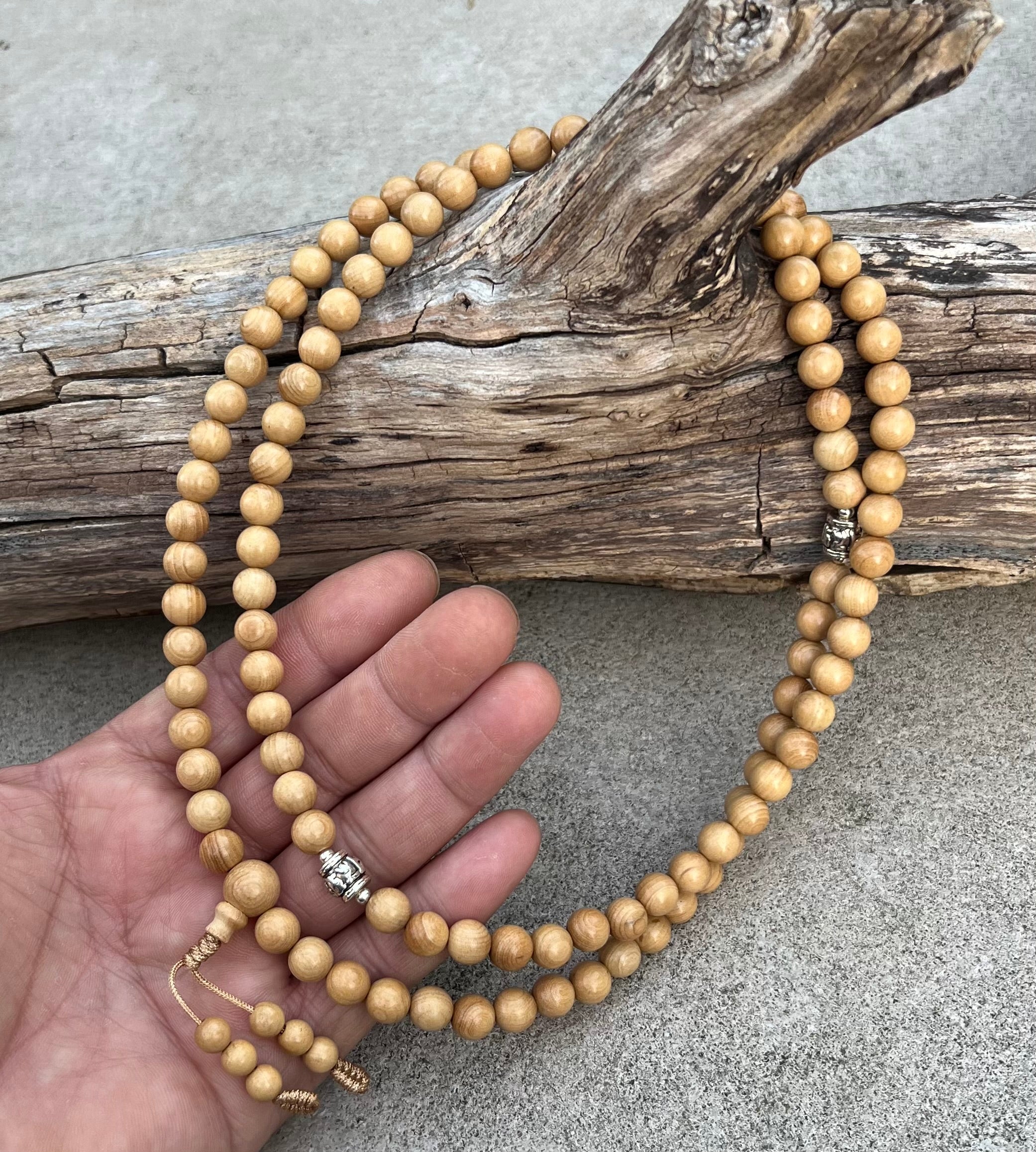 Kadam Wood Mala 108 Beads Tibetan Buddhist Prayer Necklace | 3 Silver Engraved Om Mani Padme Hum Spacers | Meditation, Compassion Mantra, Yoga & Mindfulness Mala - DharmaObjects
