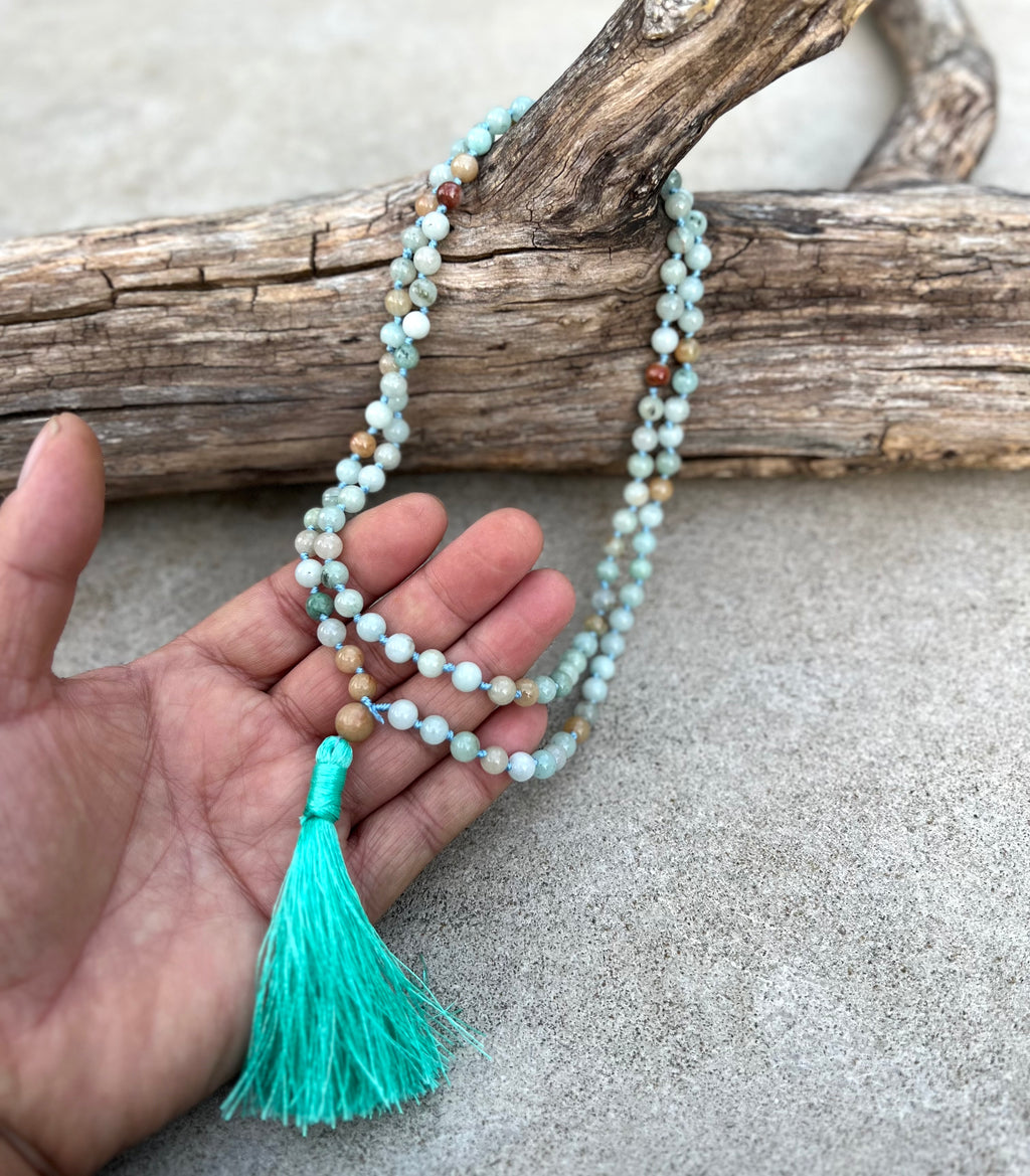 Amazonite Mala 108 Beads – Hand Knotted Gemstone Meditation Prayer Necklace
