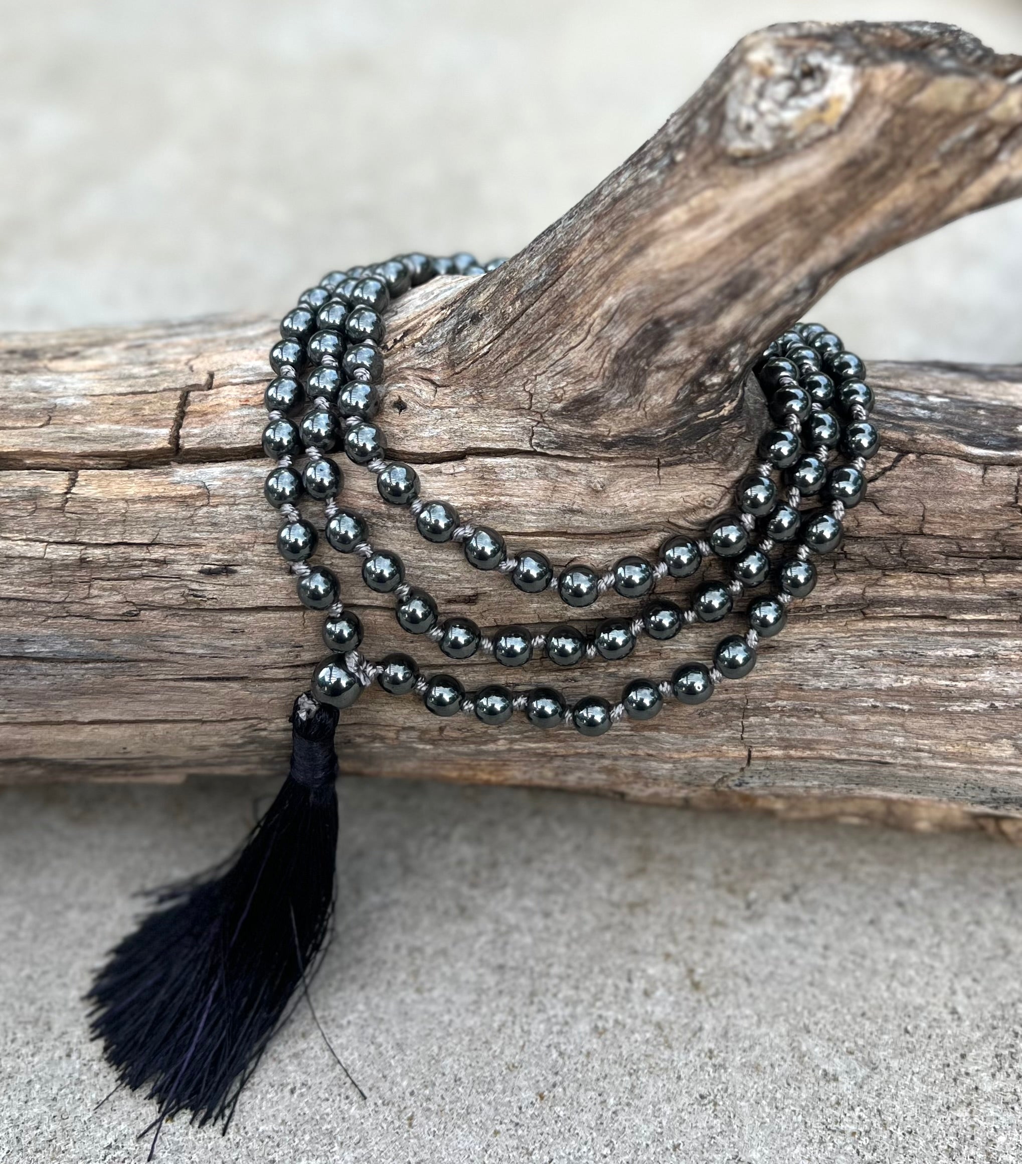 Hematite Mala 108 Beads – Hand Knotted Gemstone Meditation Prayer Necklace