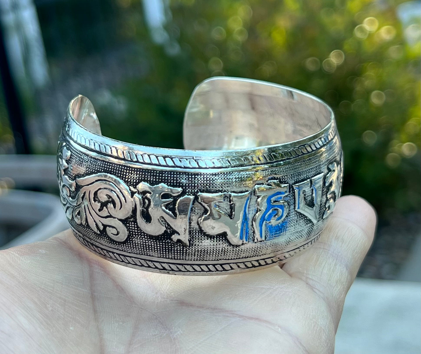 Tibetan Mantra OM Mani Padme Hum Silver Cuff Bracelet | Handcrafted Spiritual Jewelry