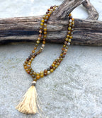 Brown Agate Mala 108 Beads – Hand Knotted Gemstone Meditation Prayer Necklac