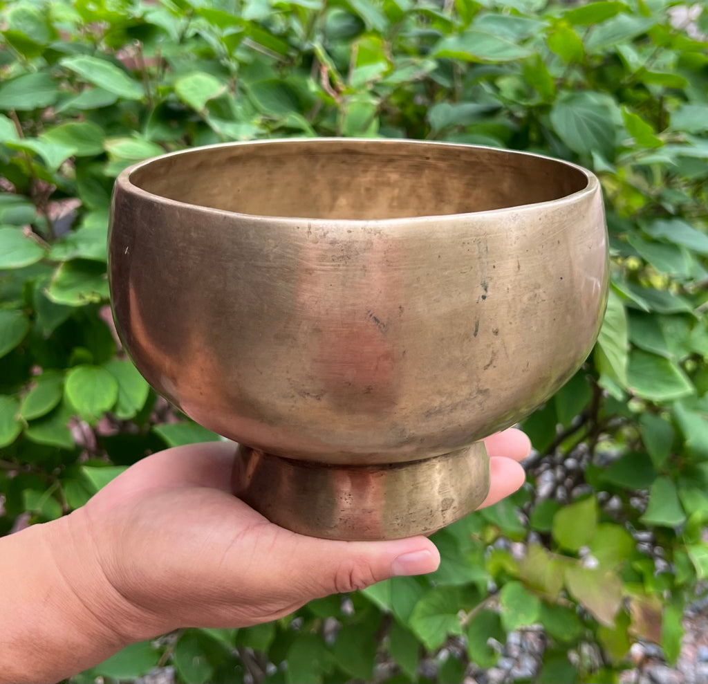 Antique Naga Pedestal Himalayan Singing Bowl 6.5" – Solar Plexus Chakra E 1332 Hz Chalice Bowl with Gong Beater & Mallet - DharmaObjects
