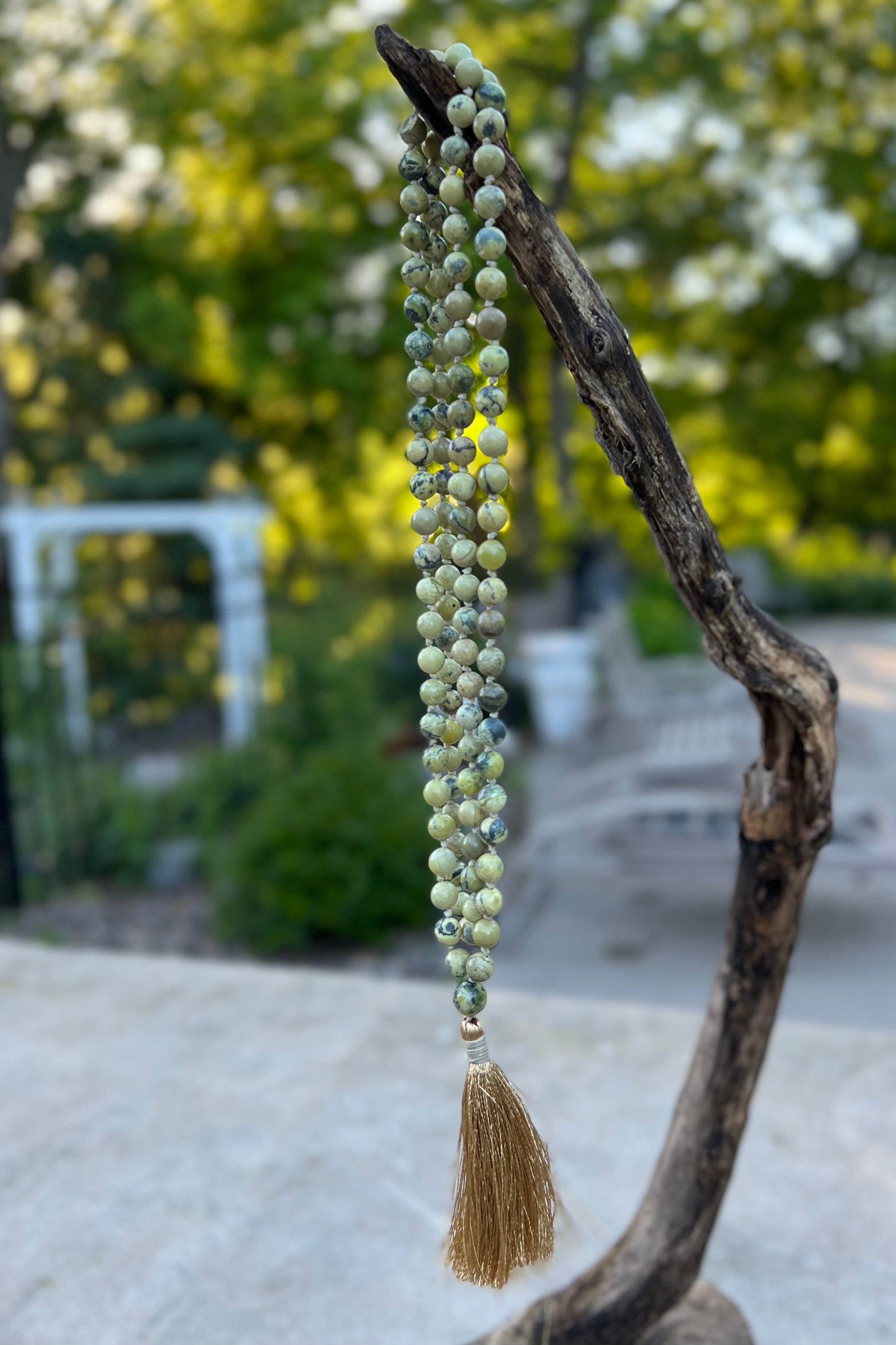 Serpentine Mala 108 Beads – Hand Knotted Gemstone Meditation Prayer Necklace